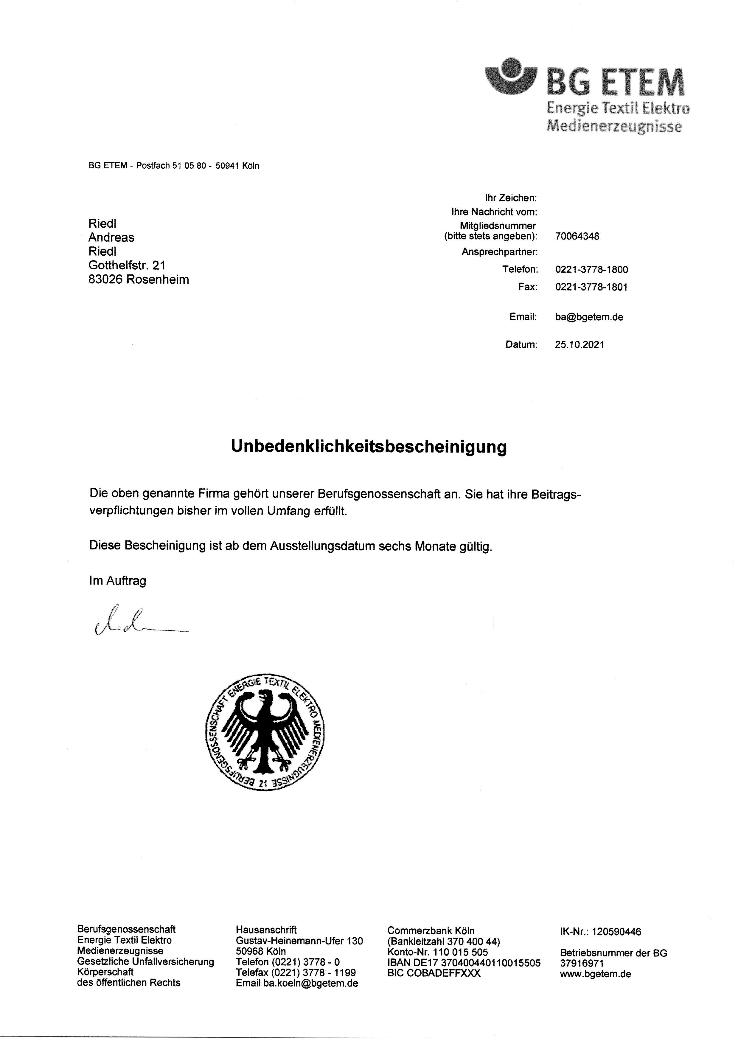 BG ETEM Zertifikat