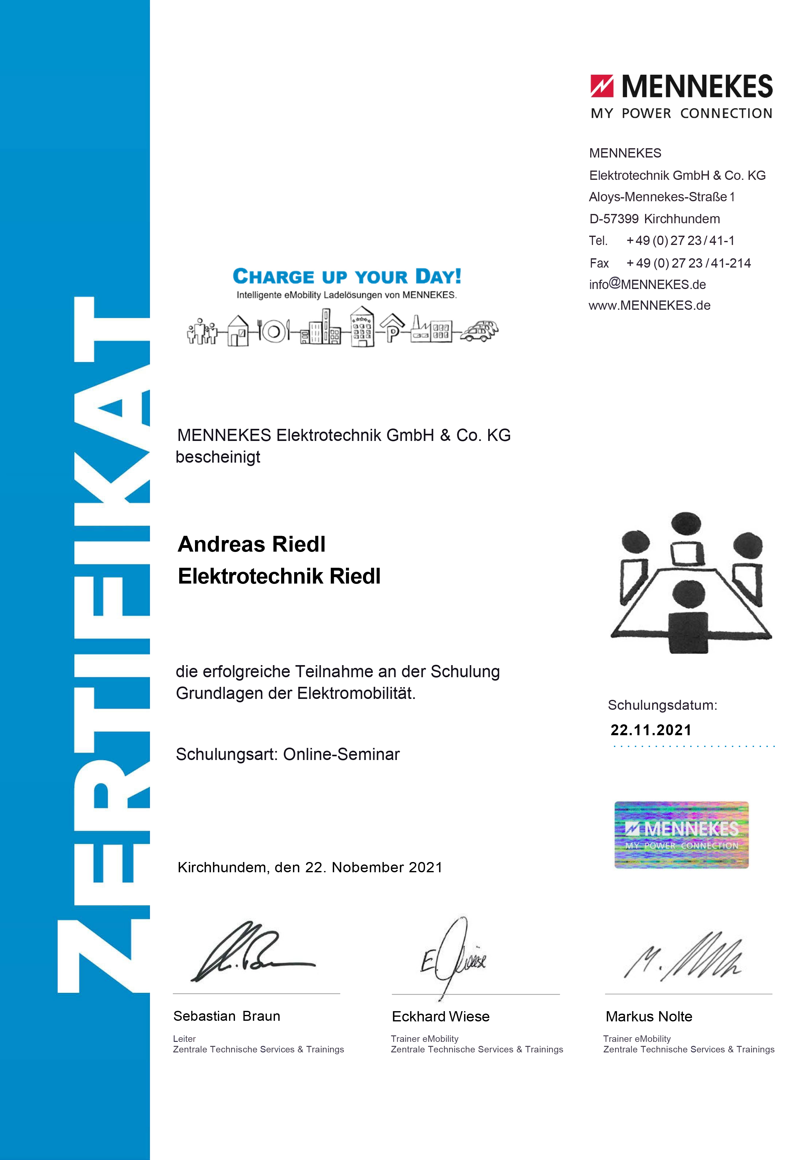 Mennekes Grundlagen E-Mobilität Zertifikat