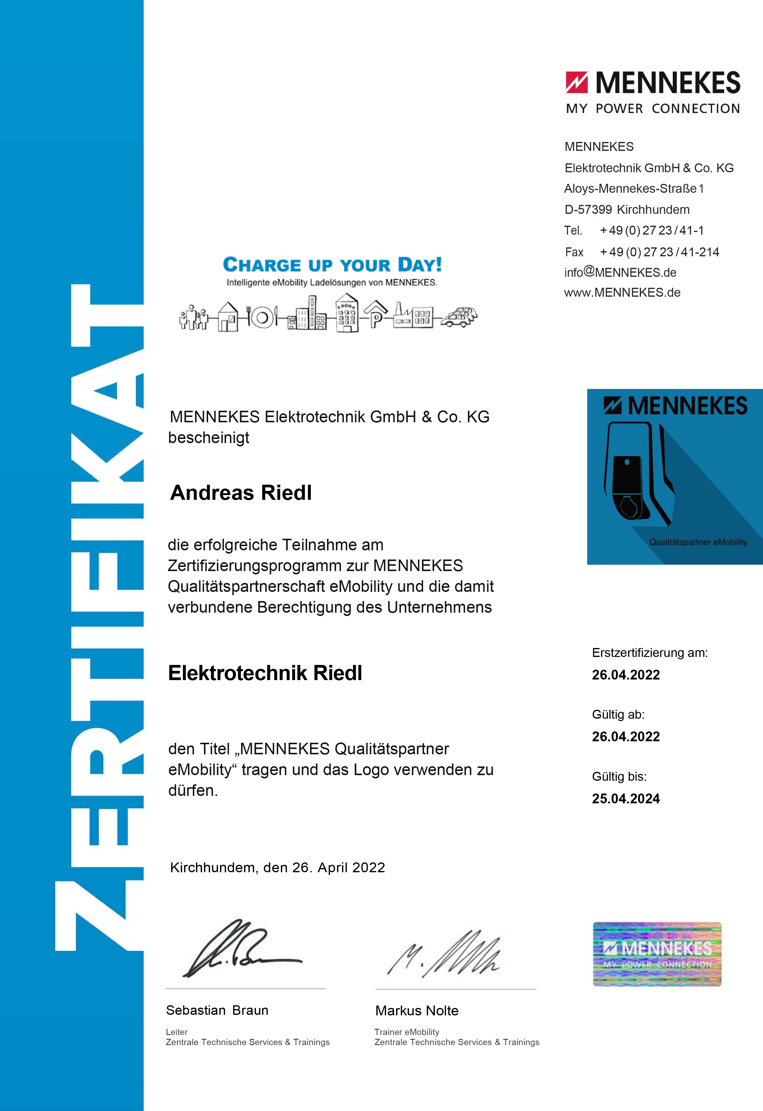 Mennekes Qualitätspartner Zertifikat