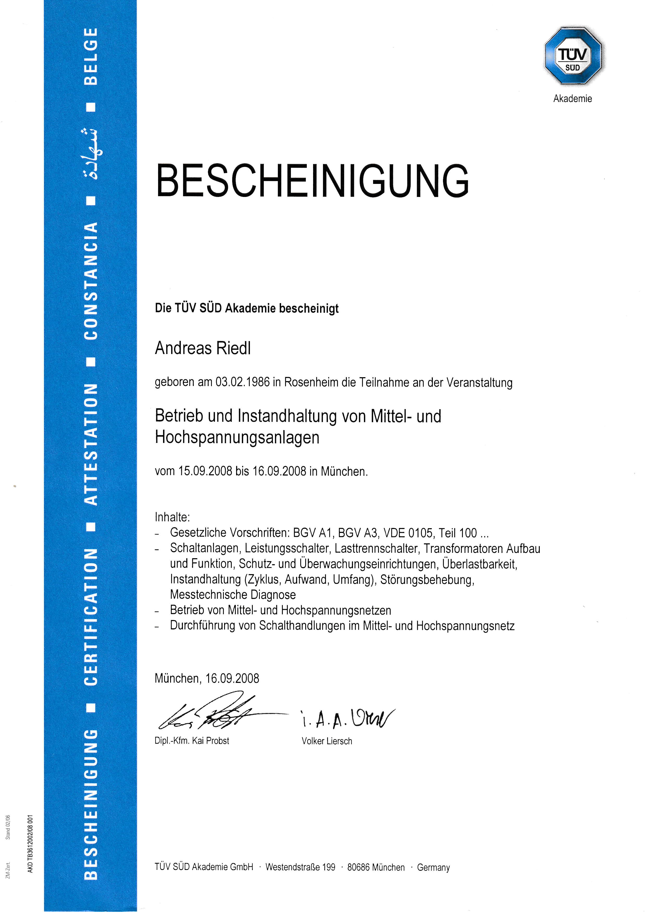 Mittel- und Hochspannung Zertifikat